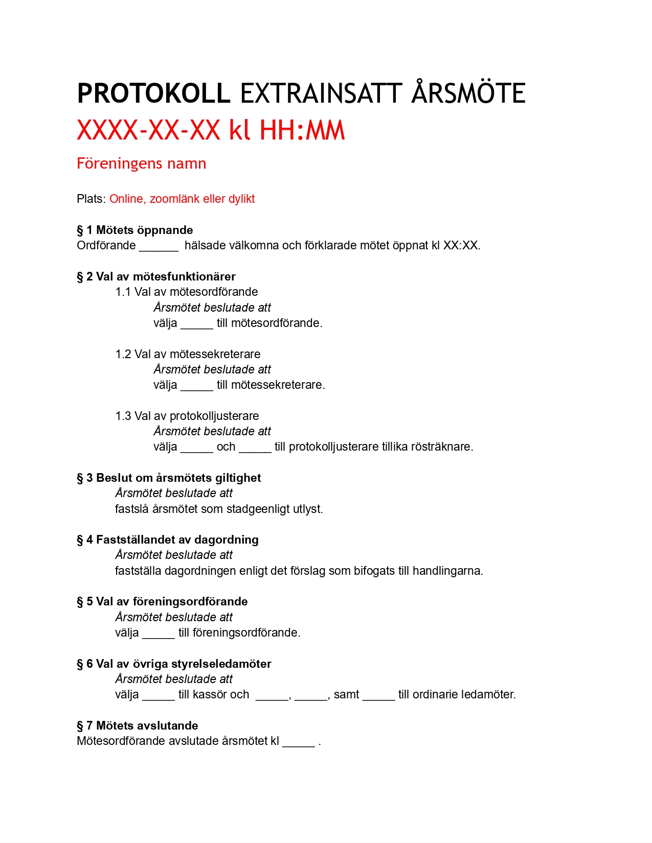 Protokoll extrainsatt årsmöte
